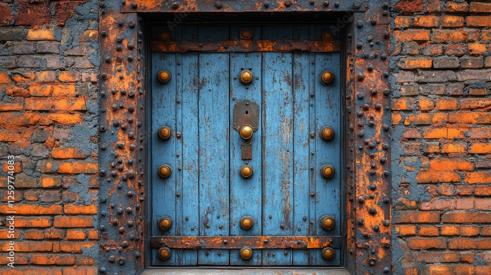 Naklejka premium Weathered blue door, brick wall, urban decay, historical architecture, design texture
