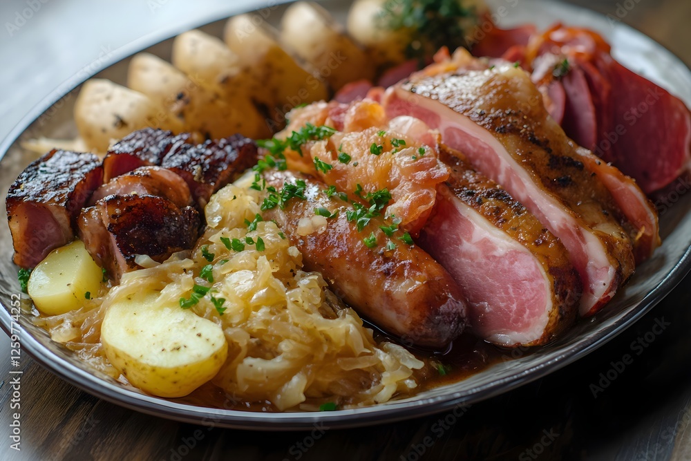 Alsatian choucroute garnie with sauerkraut, sausages, pork, and potatoes on a plate Alsatian choucroute garnie with sauerkraut, sausages, pork, and potatoes on a plate