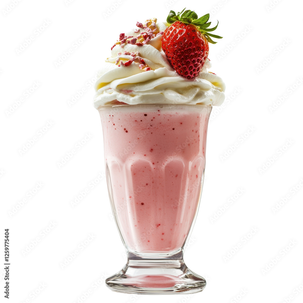 Delicious strawberry milk shake topped with whipped cream and fresh strawberries on a Transparent background, strawberry milk shake, Delicious strawberry milk shake topped with whipped cream and fresh strawberries on a Transparent background, strawberry milk shake,