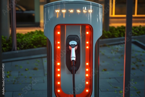 Nighttime EV charging station, city street, illuminated, plug photo