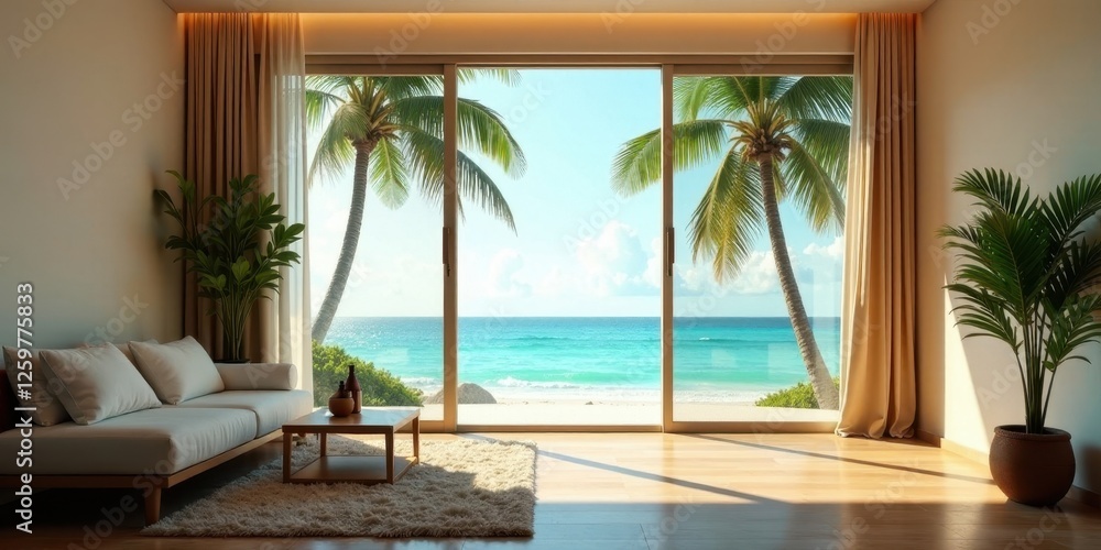 Fototapeta premium Serene Coastal Living Room with Ocean View and Sliding Glass Doors