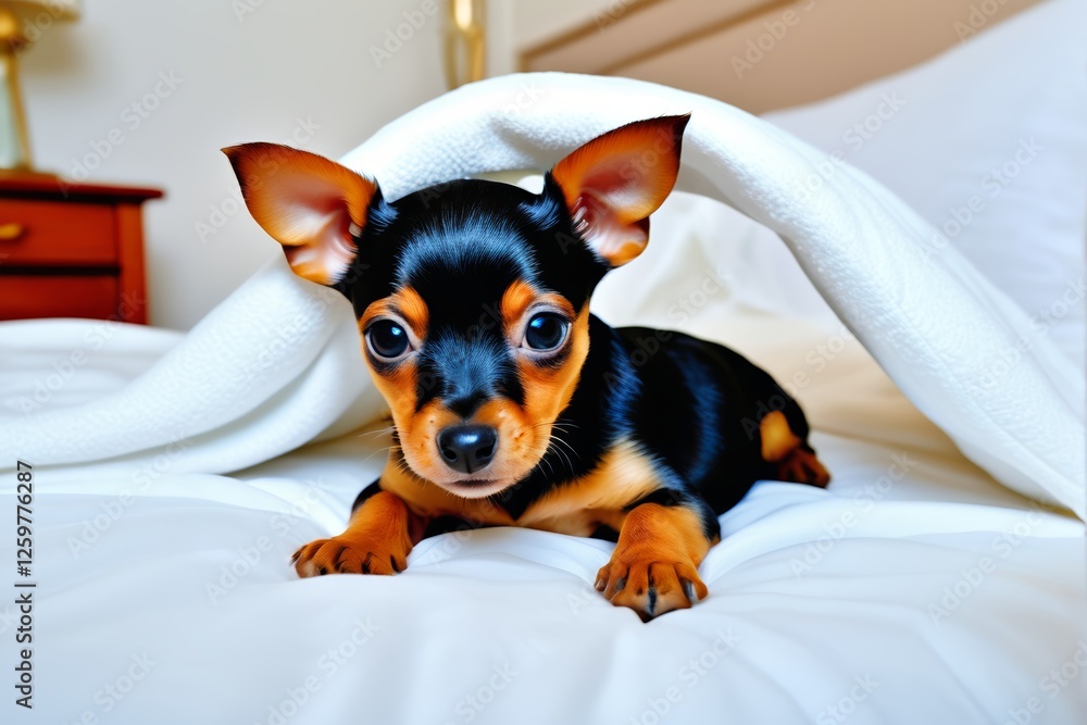 there is a small dog that is laying on a bed there is a small dog that is laying on a bed