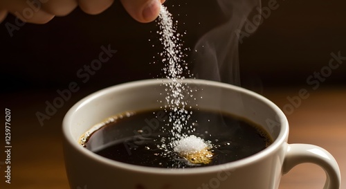 A person pouring sugar into a cup of coffee, close up. The fine granules cascade in a steady stream. Some dissolve instantly, while others settle at the bottom. photo