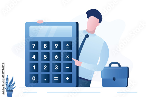 Businessman accountant holding giant calculator, Managing financial tasks. Money management. Smart man evaluates finances, expenses and income.