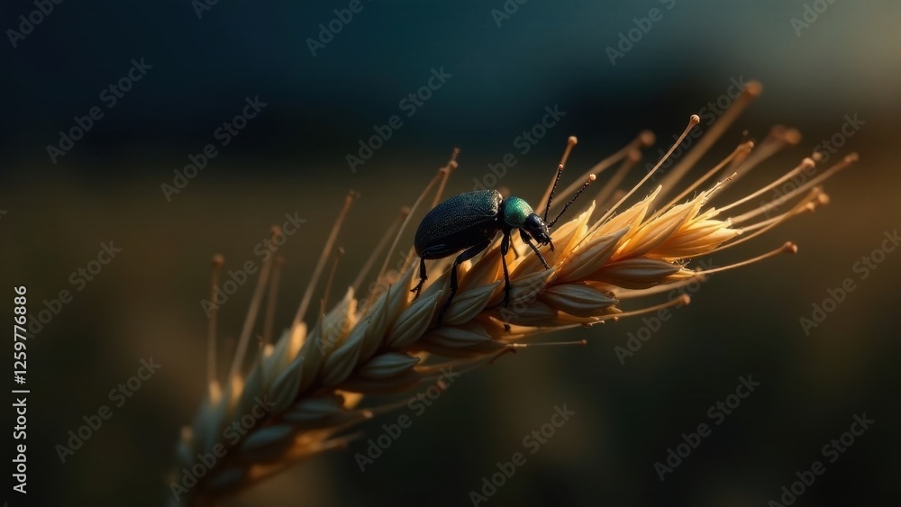 Fototapeta premium A tiny iridescent beetle gracefully traverses a sunlit stalk of grain, its journey a testament to nature's intricate beauty and the delicate balance of the ecosystem.