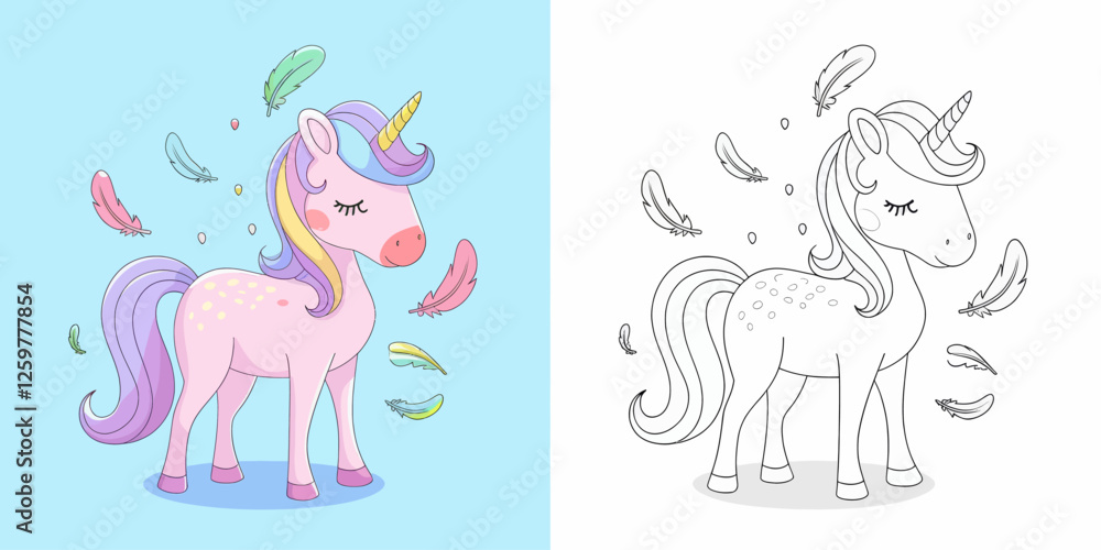 Fototapeta premium Cute Unicorn Coloring Page Pair for Kids