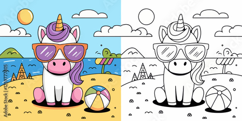 Cute Unicorn in Sunglasses at the Beach Coloring Page