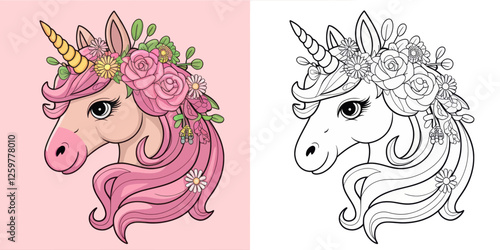 Adorable Floral Unicorn Coloring Page Pair