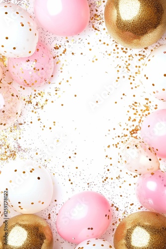 Festive Light background with pink and gold balloons. Background for a birthday or other celebration.