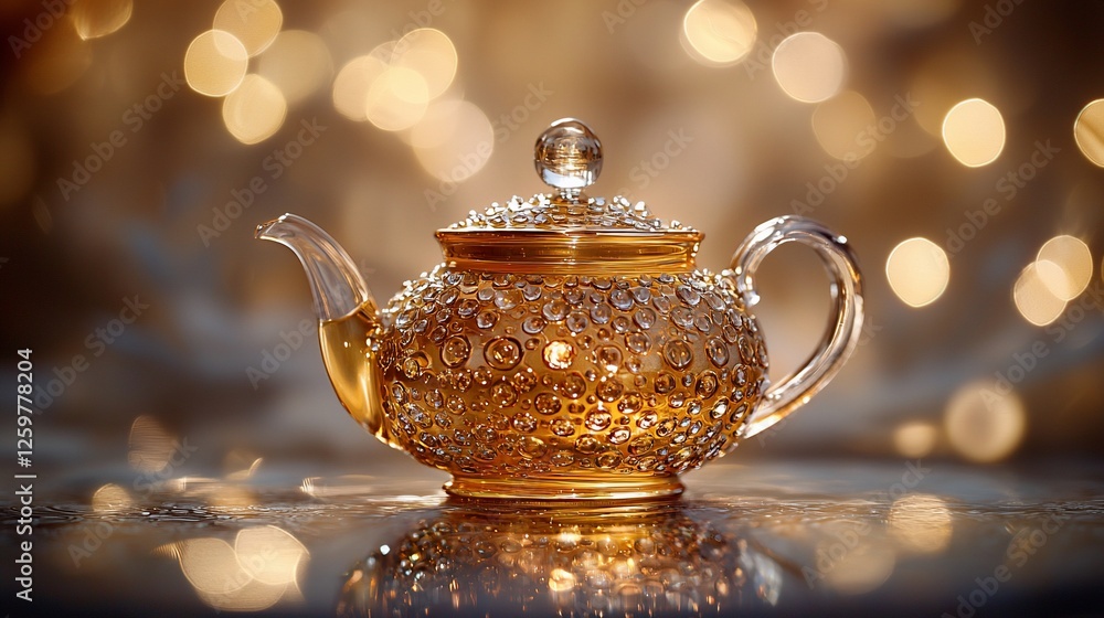 Ornate glass teapot, warm lights, festive setting, holiday beverage