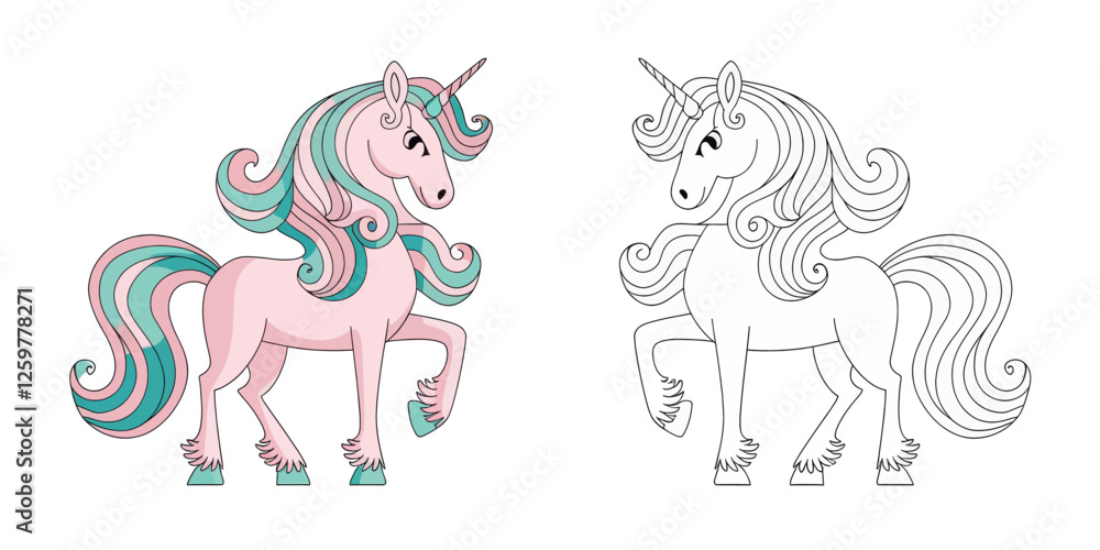 Fototapeta premium A vibrant pink unicorn with teal accents and its corresponding black and white outline.