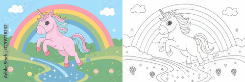Adorable Unicorn Coloring Page with Rainbow