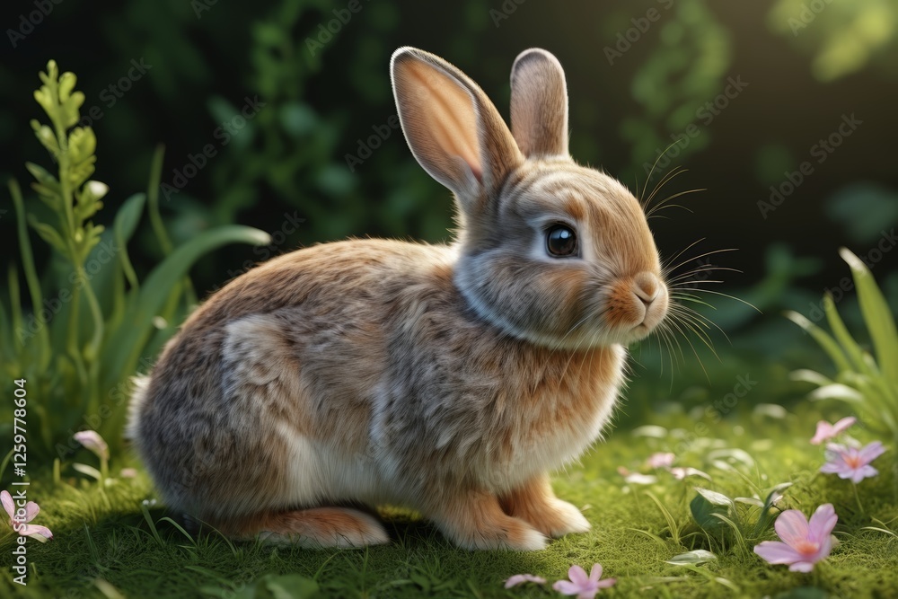 there is a rabbit sitting in the grass with flowers in the background there is a rabbit sitting in the grass with flowers in the background