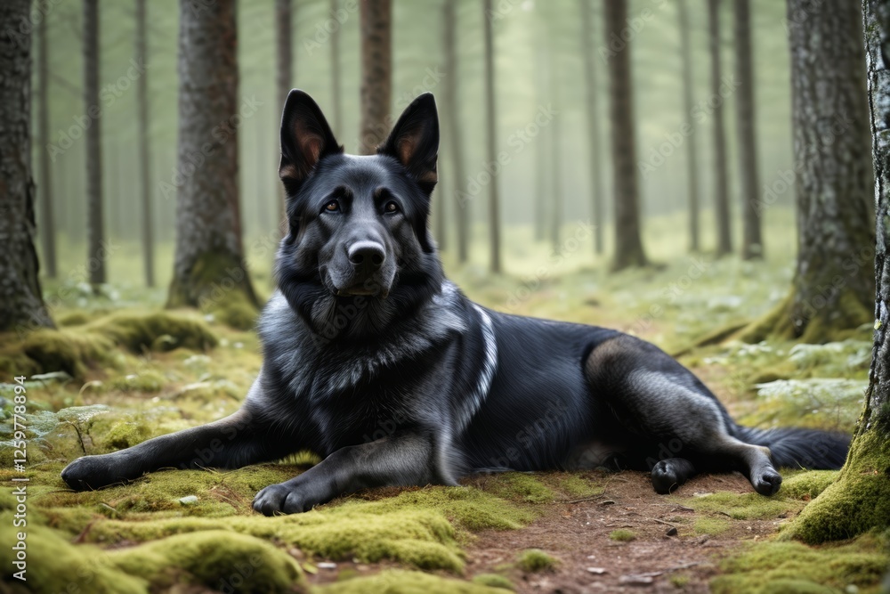 Naklejka premium there is a black dog laying in the woods with moss