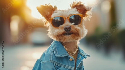 Wallpaper Mural A small dog wearing a denim jacket, sunglasses, and a gold chain. Torontodigital.ca