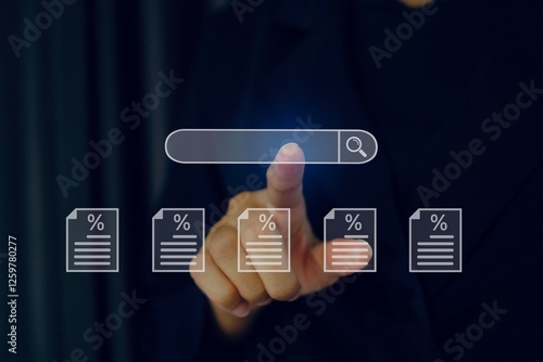 Businesswoman touched the search bar with her finger, displaying a business percentage document.