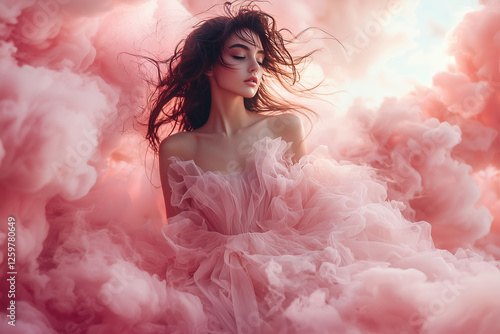 woman in a pink dress in puffs of cloudy smoke