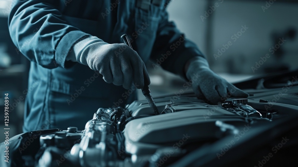 Mechanic repairing a car engine in a garage. Wearing a work uniform and gloves. Emphasizing mechanical skills and garage setup. Suitable for automotive repair guides. Mechanic repairing a car engine in a garage. Wearing a work uniform and gloves. Emphasizing mechanical skills and garage setup. Suitable for automotive repair guides.