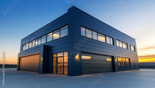 Wallpaper Mural Modern Navy Blue Warehouse with Steel Doors and Large Windows, Illuminated by Warm Sunset Lighting Torontodigital.ca
