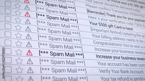 Video animation of a scrolling list in the internet browser with detected spam emails - seamless loop in close-up.