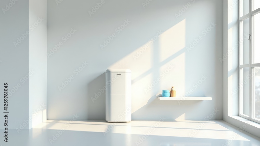 Fototapeta premium Modern minimalist kitchen design featuring a sleek white refrigerator and a simple shelf with containers
