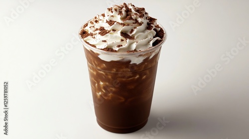 Iced Chocolate Drink with Whipped Cream and Cocoa Powder Topping in Plastic Cup