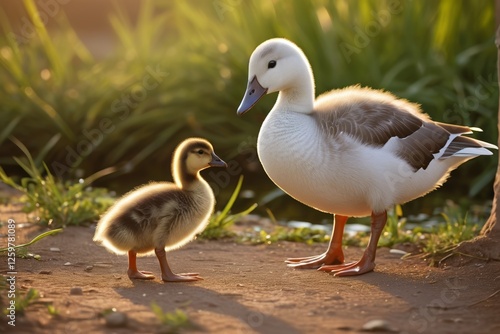 there are two ducks standing next to each other on a dirt road