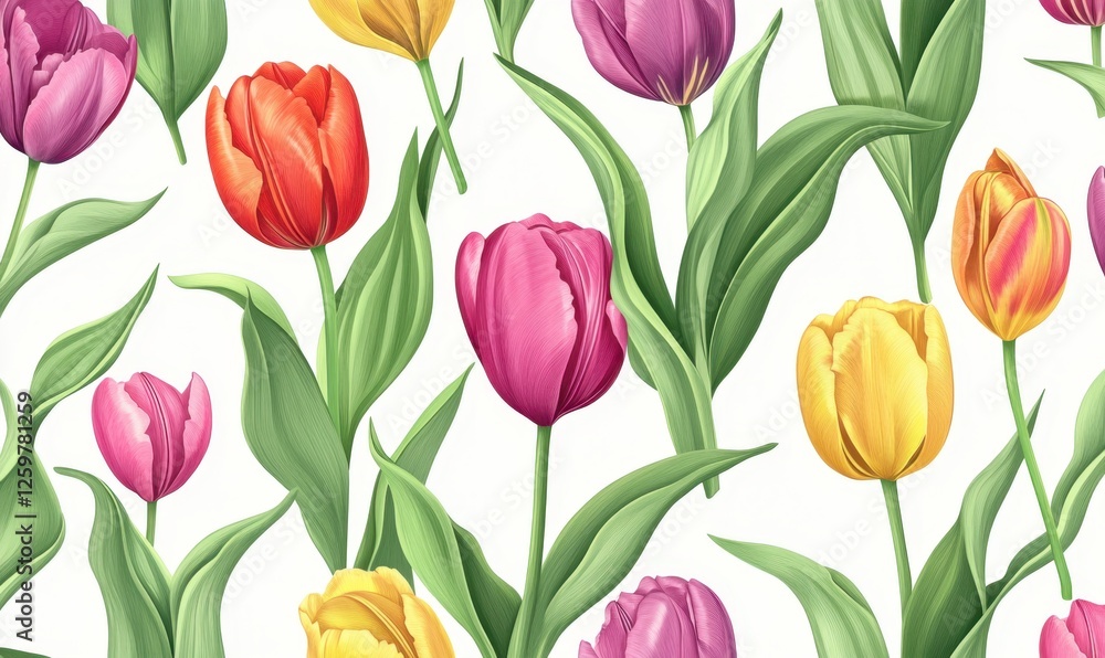 Fototapeta premium Colorful tulips seamless pattern, spring floral design, nature background, for fabric prints