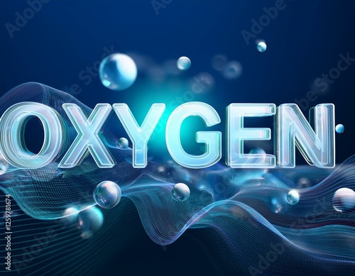 Visual representation of oxygen molecules suspended in a blue background with flowing waves
