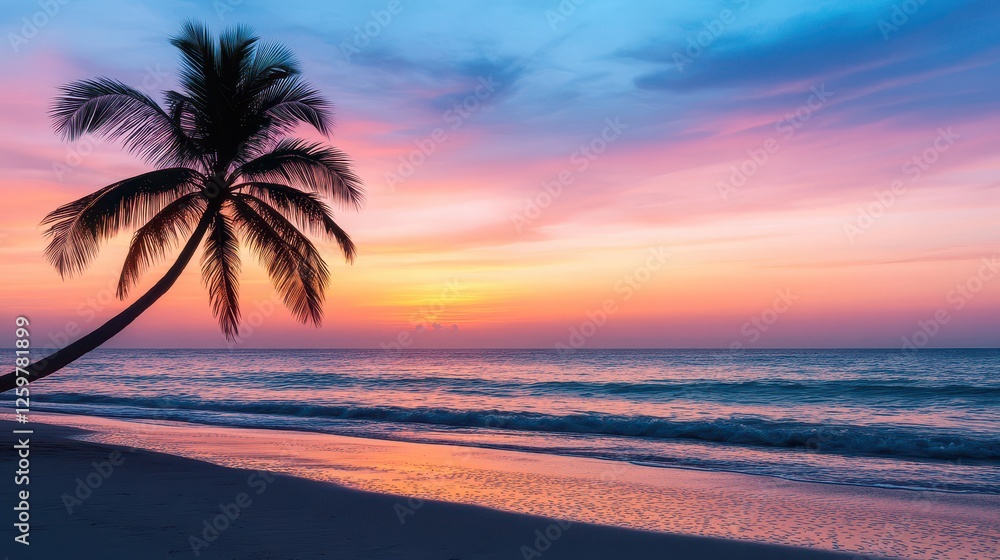 A tranquil beach scene at sunset featuring a palm tree silhouetted against vibrant hues of pink and purple in the sky. A tranquil beach scene at sunset featuring a palm tree silhouetted against vibrant hues of pink and purple in the sky.