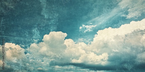 Vintage blue sky with textured white clouds on the lower two-thirds creating ample copy space for text and design elements in a serene atmosphere