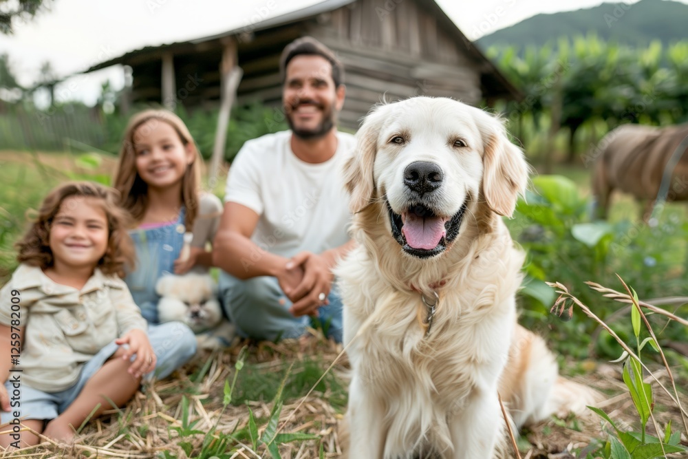 National Puppy Day. Golden retriever with happy family on a farm National Puppy Day. Golden retriever with happy family on a farm