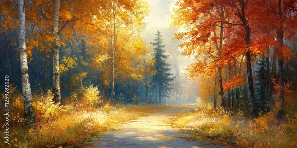 Fototapeta premium Autumn landscape with golden and red leaves, winding path through trees, warm sunlight illuminating a serene forest scene.