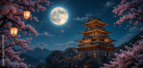 An ancient Japanese castle illuminated by paper lanterns, standing against a starry sky. Cherry blossoms drift in the wind as the full moon rises above.