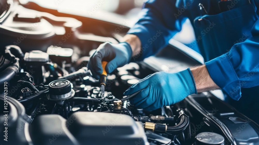 Mechanic repairing a car engine. Wearing a blue coverall and gloves. Highlighting automotive repair and maintenance. Suitable for automotive guides. Mechanic repairing a car engine. Wearing a blue coverall and gloves. Highlighting automotive repair and maintenance. Suitable for automotive guides.