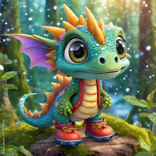 Portrait of a cute little dragon taken in the forest