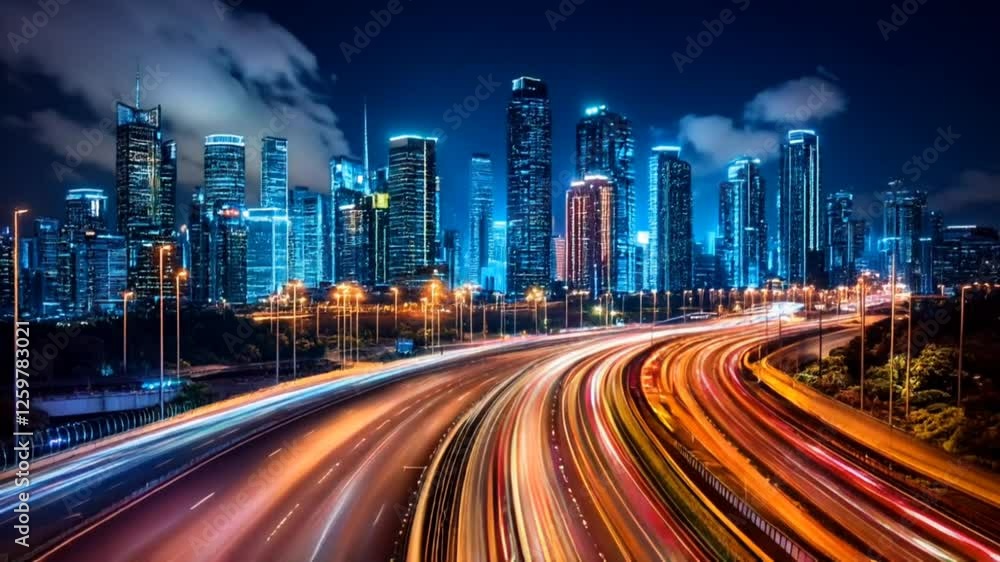 Night city skyline with bright highway light trails and skyscrapers. Urban landscape. Night city skyline with bright highway light trails and skyscrapers. Urban landscape.
