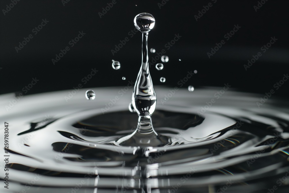World Water Day. High-speed macro shot of a water droplet splashing on a reflective surface. World Water Day. High-speed macro shot of a water droplet splashing on a reflective surface.