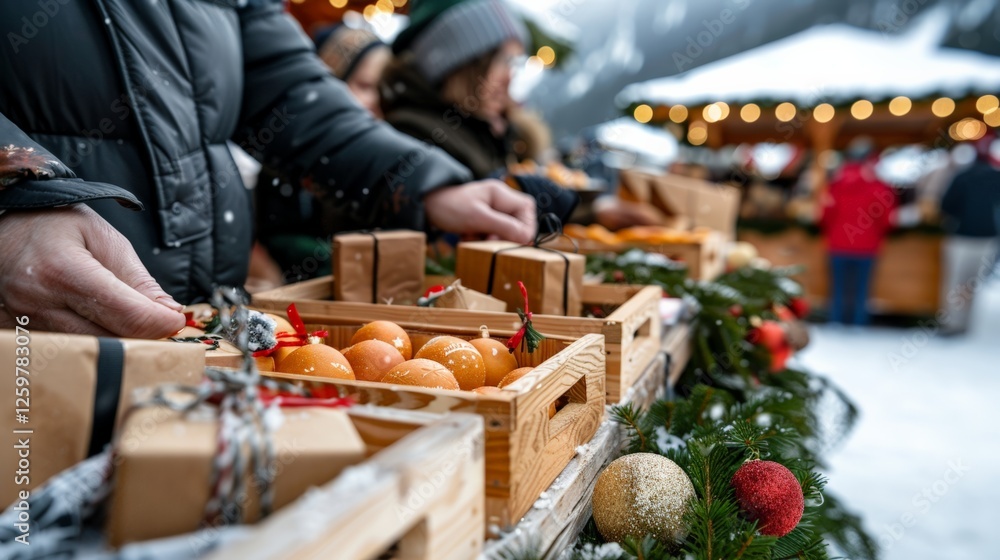 Old New Year's Day.Christmas market stall with holiday gifts, baked goods, and festive decorations. Old New Year's Day.Christmas market stall with holiday gifts, baked goods, and festive decorations.