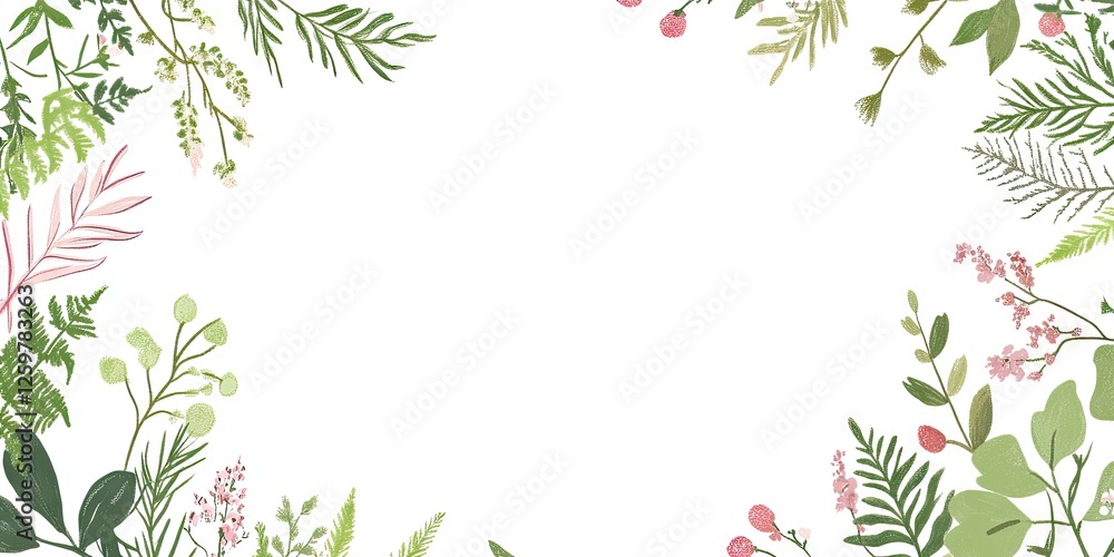 Floral border design with green leaves and pink accents on a white background creating a fresh and natural frame for text or images. Floral border design with green leaves and pink accents on a white background creating a fresh and natural frame for text or images.