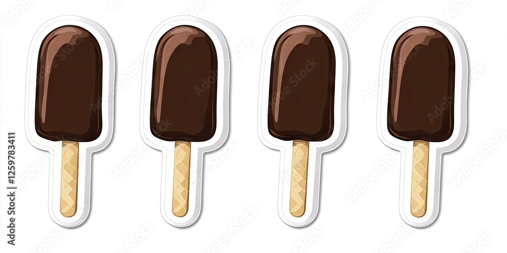 Round chocolate ice cream stick stickers featuring dark brown ice cream with textured cones arranged horizontally on a white background. Round chocolate ice cream stick stickers featuring dark brown ice cream with textured cones arranged horizontally on a white background.