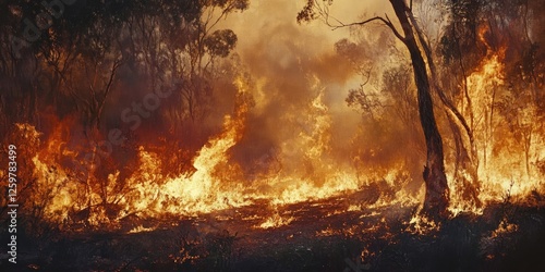 Forest fire engulfing dry vegetation with intense orange flames and smoke filling the background, dark trees on the right, and glowing embers throughout.