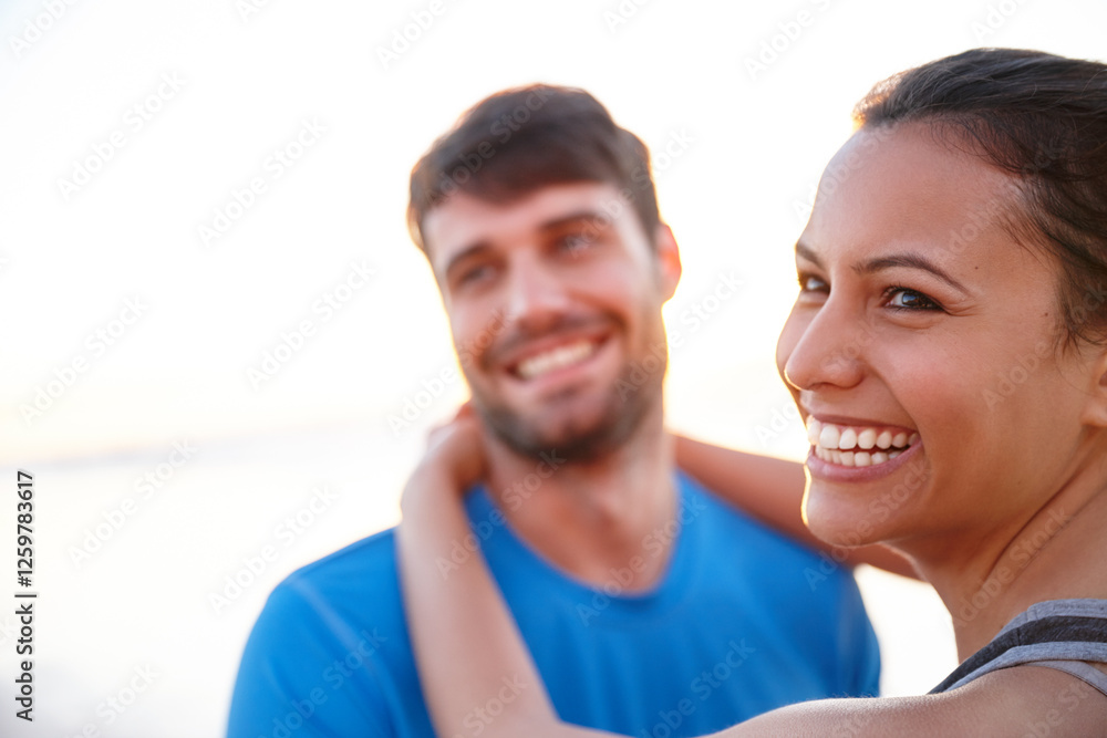 Fototapeta premium Love, hug and smile with couple at beach for valentines day trip, sunset and romance. Summer vacation, bonding and holiday with man and woman in Seychelles for adventure, honeymoon and travel date