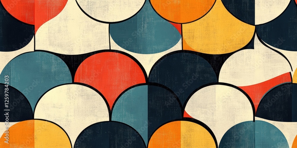 Retro abstract pattern featuring curved shapes in warm colors like orange, navy, and teal against a textured cream background. Retro abstract pattern featuring curved shapes in warm colors like orange, navy, and teal against a textured cream background.