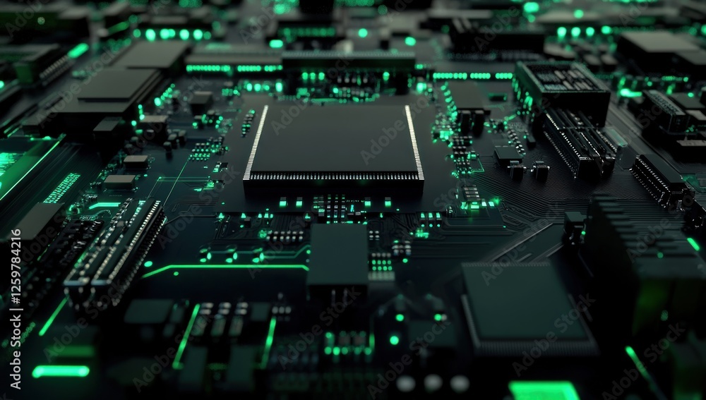 Fototapeta premium Abstract Close-Up of Futuristic Circuit Board with Glowing Green Pathways and Central Processing Unit
