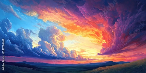 Vibrant sunset over rolling hills with dramatic clouds in shades of orange, pink, and blue showcasing the beauty of nature's landscape. photo