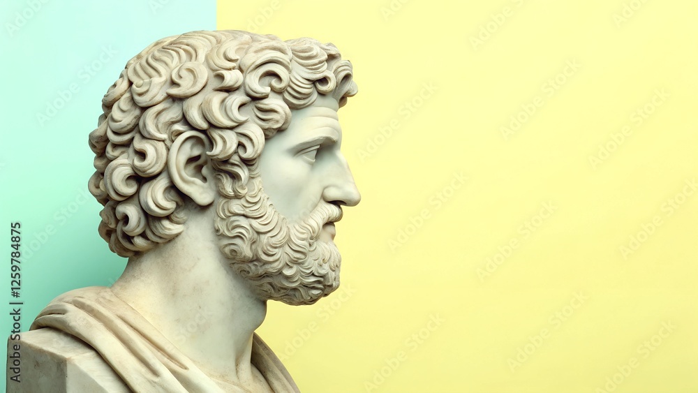 Classical marble bust in profile against pastel background. Copy space. Classical marble bust in profile against pastel background. Copy space.