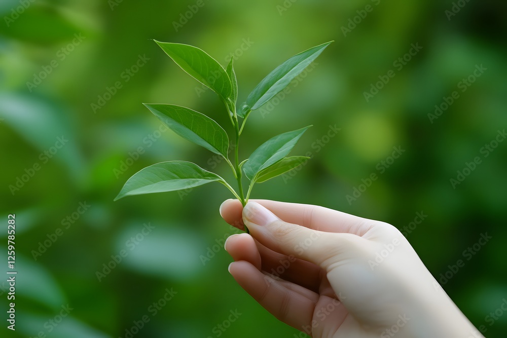 Hand holding tea leaves, garden background, nature, agriculture Hand holding tea leaves, garden background, nature, agriculture