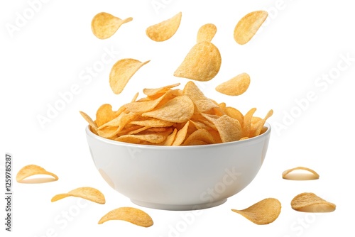 A white bowl filled with crispy potato chips, with golden chips floating in the air against a white background. A dynamic and appetizing snack concept.