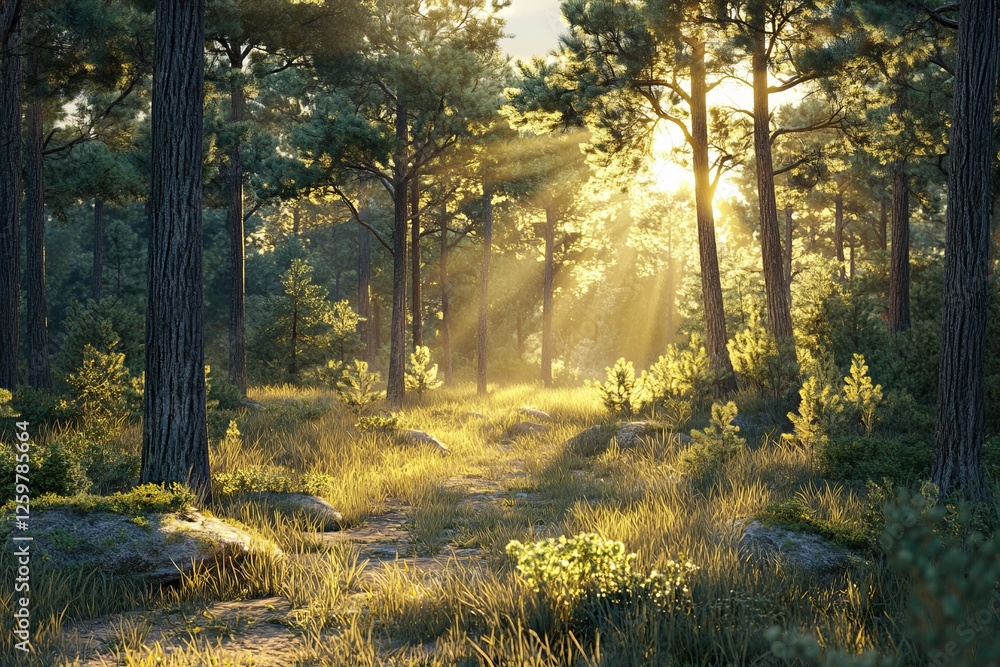 Obraz premium Sunlit Forest Path, Golden Hour